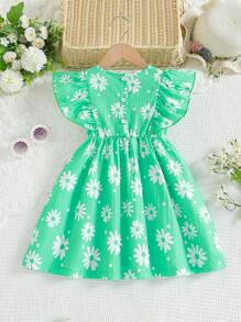 Cô Gái Trẻ In hoa Viền Ruffle Đầm - màu xanh lá - Xem 2