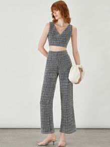 BizChic Plaid Crop Tank Top & Trousers Set - Black and White - View 5
