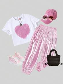 SHEIN Young Girl 1pc Heart Print Tee & 1pc Jogger Trousers - White - View 1