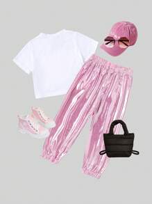 SHEIN Young Girl 1pc Heart Print Tee & 1pc Jogger Trousers - White - View 2