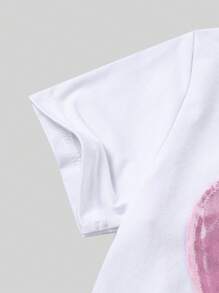 SHEIN Young Girl 1pc Heart Print Tee & 1pc Jogger Trousers - White - View 3