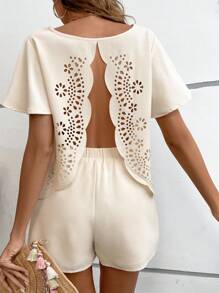 SHEIN VCAY Laser Cut Out Scallop Trim Top & Shorts - Apricot - View 3