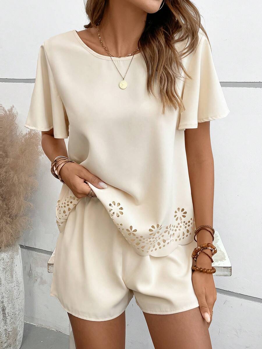 SHEIN VCAY Laser Cut Out Scallop Trim Top & Shorts - Apricot - View 1