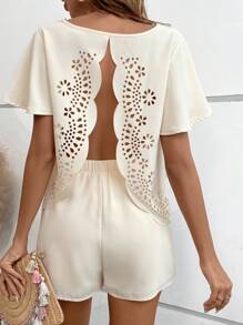 SHEIN VCAY Laser Cut Out Scallop Trim Top & Shorts - Apricot - View 4