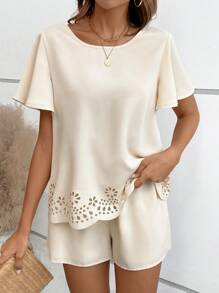 SHEIN VCAY Laser Cut Out Scallop Trim Top & Shorts - Apricot - View 5