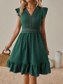 SHEIN LUNE Vestido de lunares panel con encaje bajo con fruncido - Verde - Ver 1