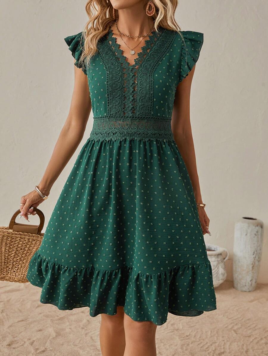 SHEIN LUNE Vestido de lunares panel con encaje bajo con fruncido - Verde - Ver 1