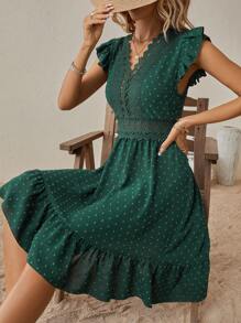 SHEIN LUNE Vestido de lunares panel con encaje bajo con fruncido - Verde - Ver 3