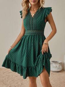 SHEIN LUNE Vestido de lunares panel con encaje bajo con fruncido - Verde - Ver 4