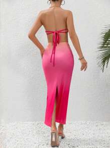 SHEIN Privé Đầm Hội Chữ thập Cắt ra Tách cao Lộ Lưng Ombre Gợi cảm - Nhiều màu - Xem 4