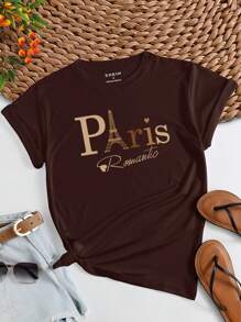 INAWLY Heart And Letter Graphic Tee Graphic Tees Women Tops - Chocolate Brown - View 1