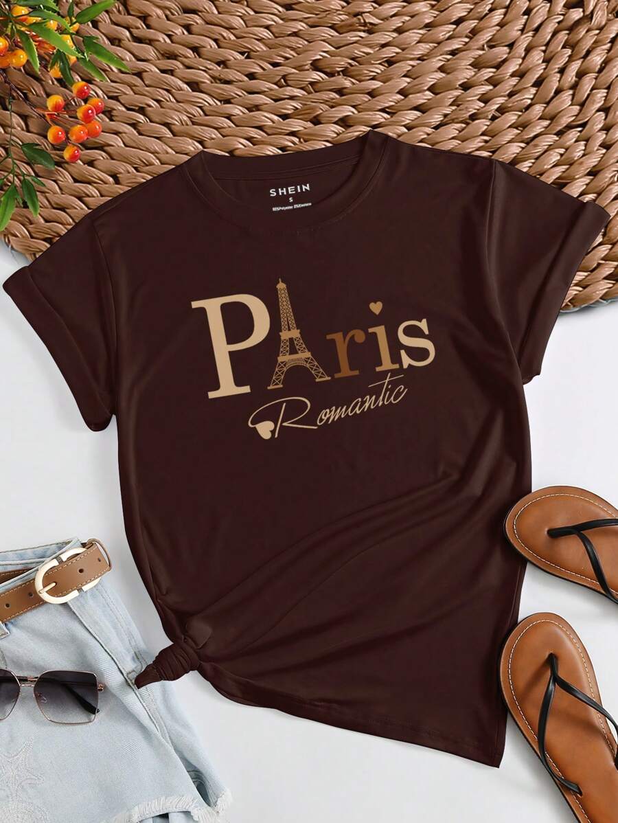 INAWLY Heart And Letter Graphic Tee Graphic Tees Women Tops - Chocolate Brown - View 1