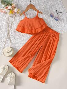 SHEIN Chica Joven bajo con fruncido Top de tirantes & Pantalones de pierna ancha - Naranja - Ver 1