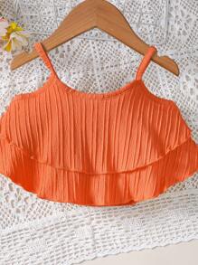 SHEIN Chica Joven bajo con fruncido Top de tirantes & Pantalones de pierna ancha - Naranja - Ver 4