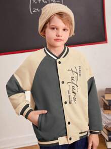 SHEIN Tween Boy Slogan Graphic Colourblock Raglan Sleeve Varsity Jacket - Multicolor - View 5
