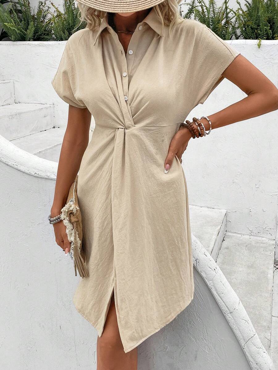SHEIN Frenchy Twist Front Batwing Sleeve Shirt Dress - Apricot - View 1