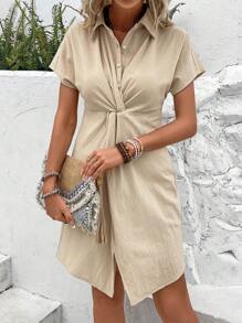 SHEIN Frenchy Twist Front Batwing Sleeve Shirt Dress - Apricot - View 5