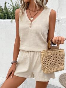 SHEIN Frenchy Solid Button Front Tank Top & Shorts - Khaki - View 3