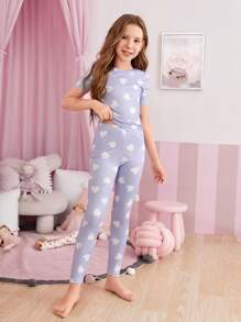 Tween Girl Heart Print Snug Fit PJ Set - Mauve Purple - View 6