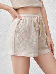 舒適透氣，輕盈可愛的褶皺棉紗扭結腰休閒短褲-卡其色 - 卡其色 - 查看 5