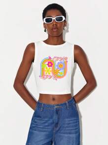 Dear Darling Design Studio Cartoon & Letter Graphic Crop Tank Top - White - View 1