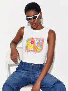 Dear Darling Design Studio Cartoon & Letter Graphic Crop Tank Top - White - View 3