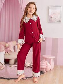 女大童花卉刺繡拼接領襯衫和褲子睡衣套裝 - 酒紅色 - 查看 3