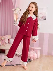 女大童花卉刺繡拼接領襯衫和褲子睡衣套裝 - 酒紅色 - 查看 4