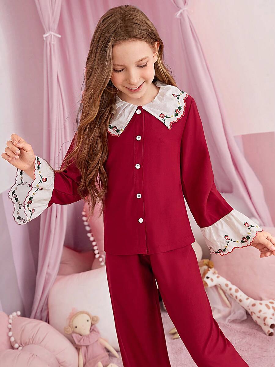 女大童花卉刺繡拼接領襯衫和褲子睡衣套裝 - 酒紅色 - 查看 1