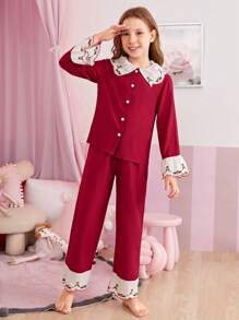 女大童花卉刺繡拼接領襯衫和褲子睡衣套裝 - 酒紅色 - 查看 6