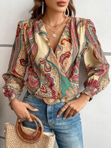 SHEIN LUNE Paisley Print Lantern Sleeve Blouse - Multicolor - View 1