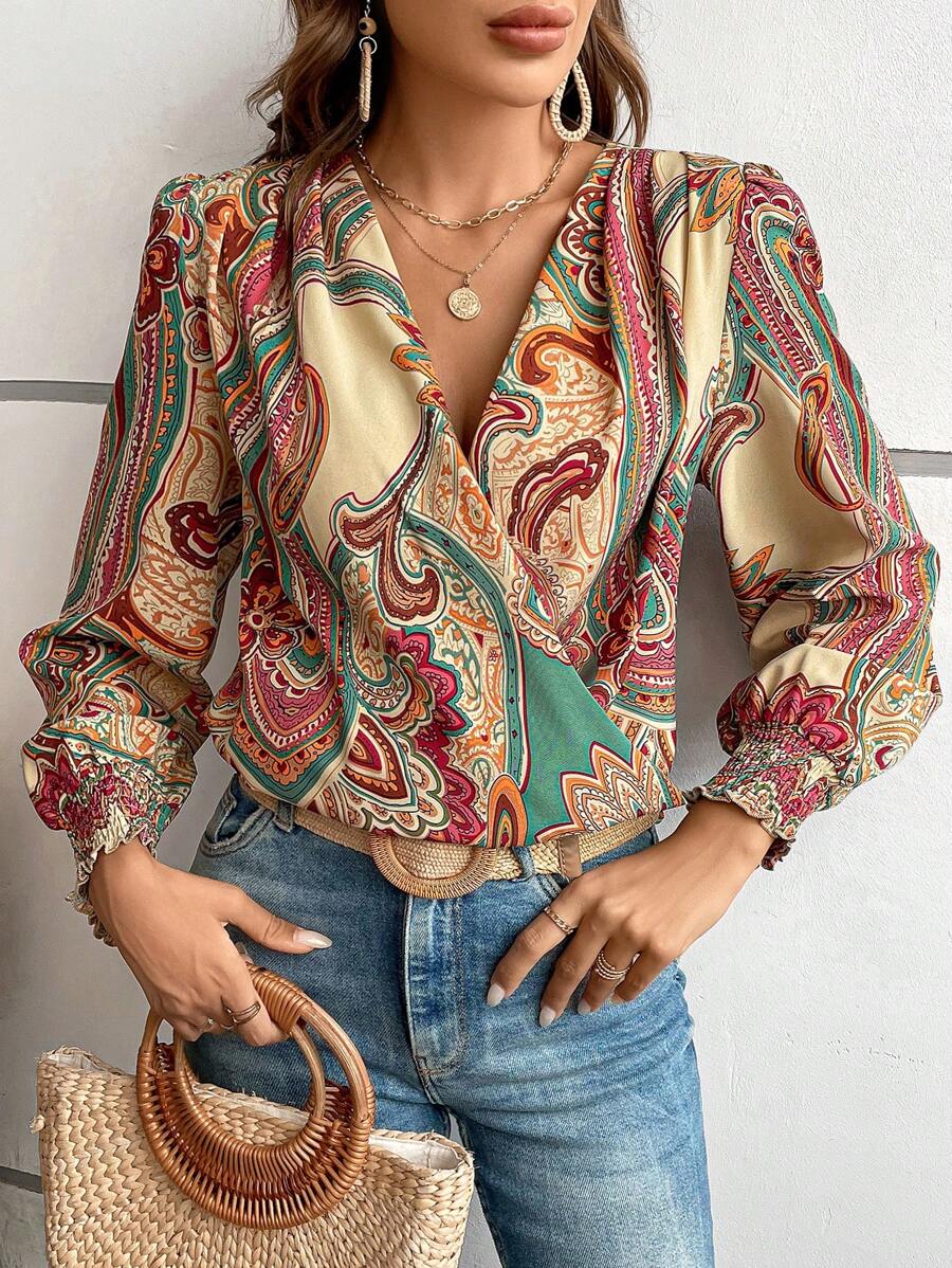 SHEIN LUNE Paisley Print Lantern Sleeve Blouse - Multicolor - View 1