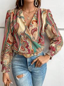 SHEIN LUNE Paisley Print Lantern Sleeve Blouse - Multicolor - View 3