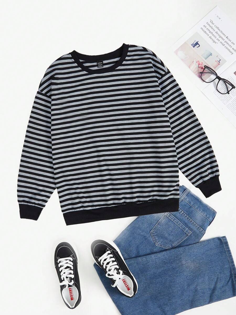 SHEIN EZwear 條紋印花落肩袖運動衫 - 黑色 - 查看 1