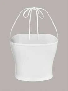 SHEIN EZwear 素色褶邊掛脖上衣 - 白色 - 查看 3