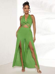 SHEIN SXY Mặt trước xoắn Cắt ra Ca-vát Backless Tách đùi Áo liền quần ống rộng - màu xanh lá - Xem 1