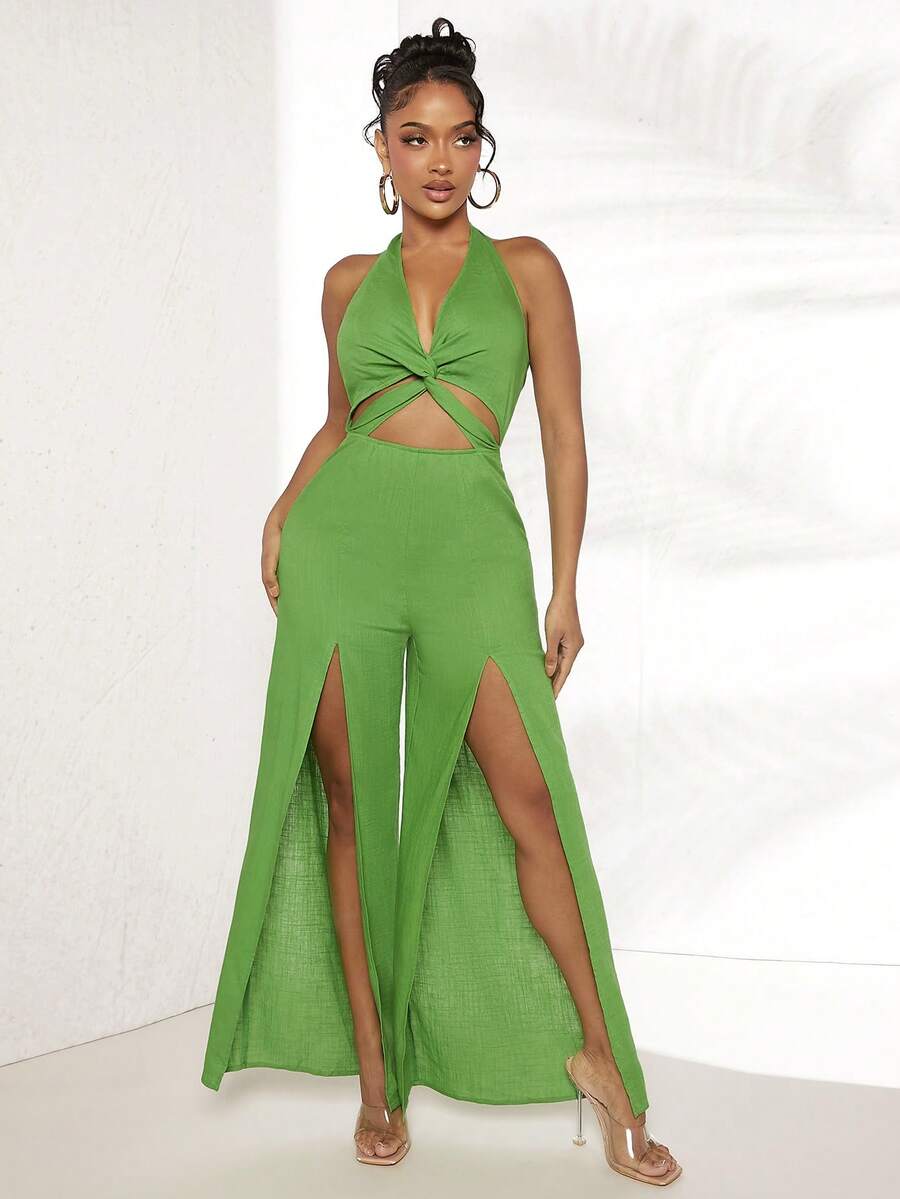 SHEIN SXY Mặt trước xoắn Cắt ra Ca-vát Backless Tách đùi Áo liền quần ống rộng - màu xanh lá - Xem 1