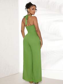 SHEIN SXY Mặt trước xoắn Cắt ra Ca-vát Backless Tách đùi Áo liền quần ống rộng - màu xanh lá - Xem 2