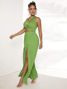 SHEIN SXY Mặt trước xoắn Cắt ra Ca-vát Backless Tách đùi Áo liền quần ống rộng - màu xanh lá - Xem 3