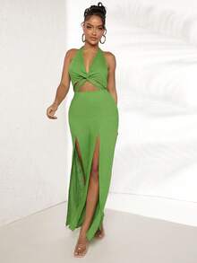 SHEIN SXY Mặt trước xoắn Cắt ra Ca-vát Backless Tách đùi Áo liền quần ống rộng - màu xanh lá - Xem 5