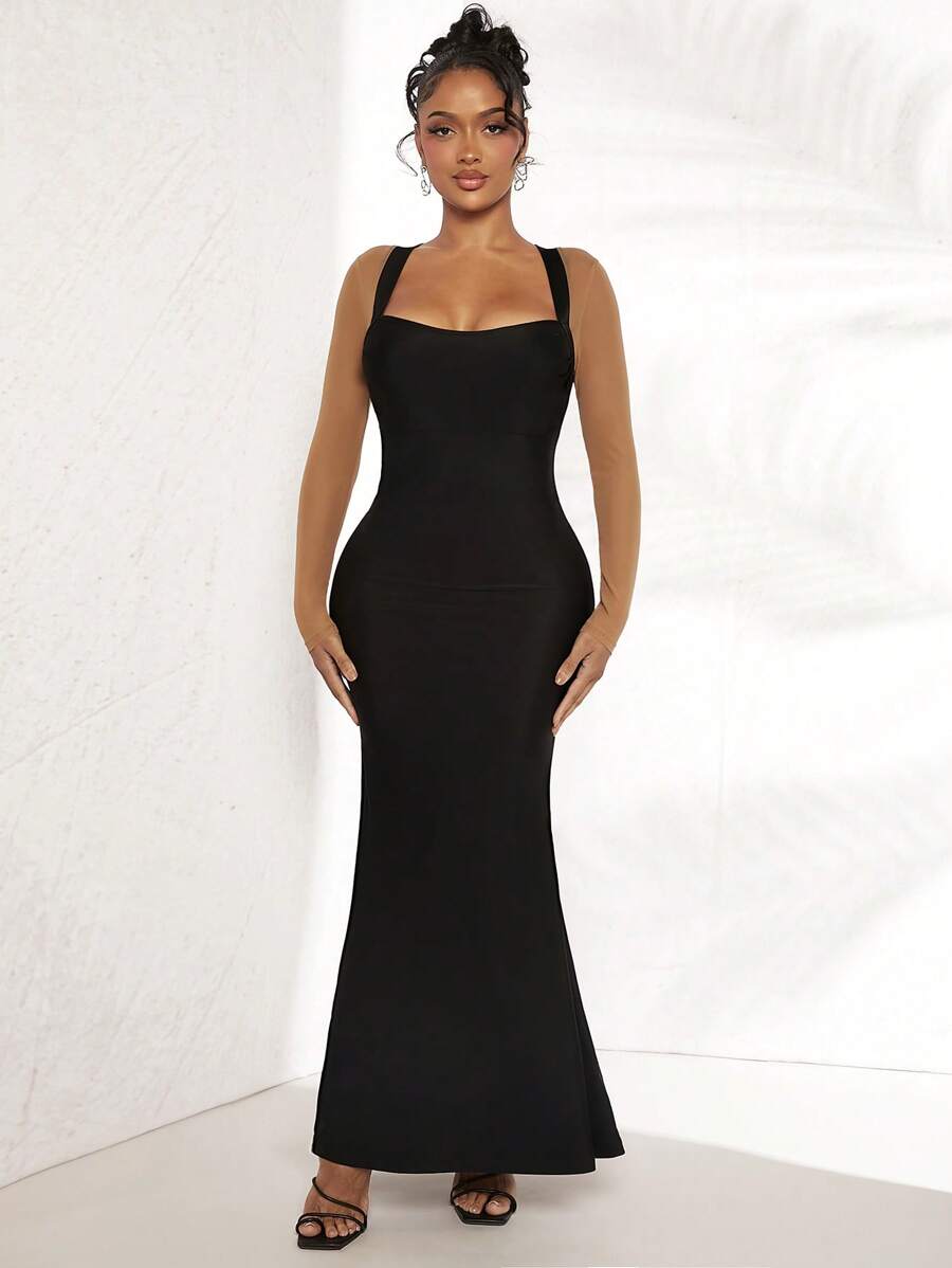 SHEIN SXY Vestido de malla en contraste panel bajo sirena - Negro - Ver 1