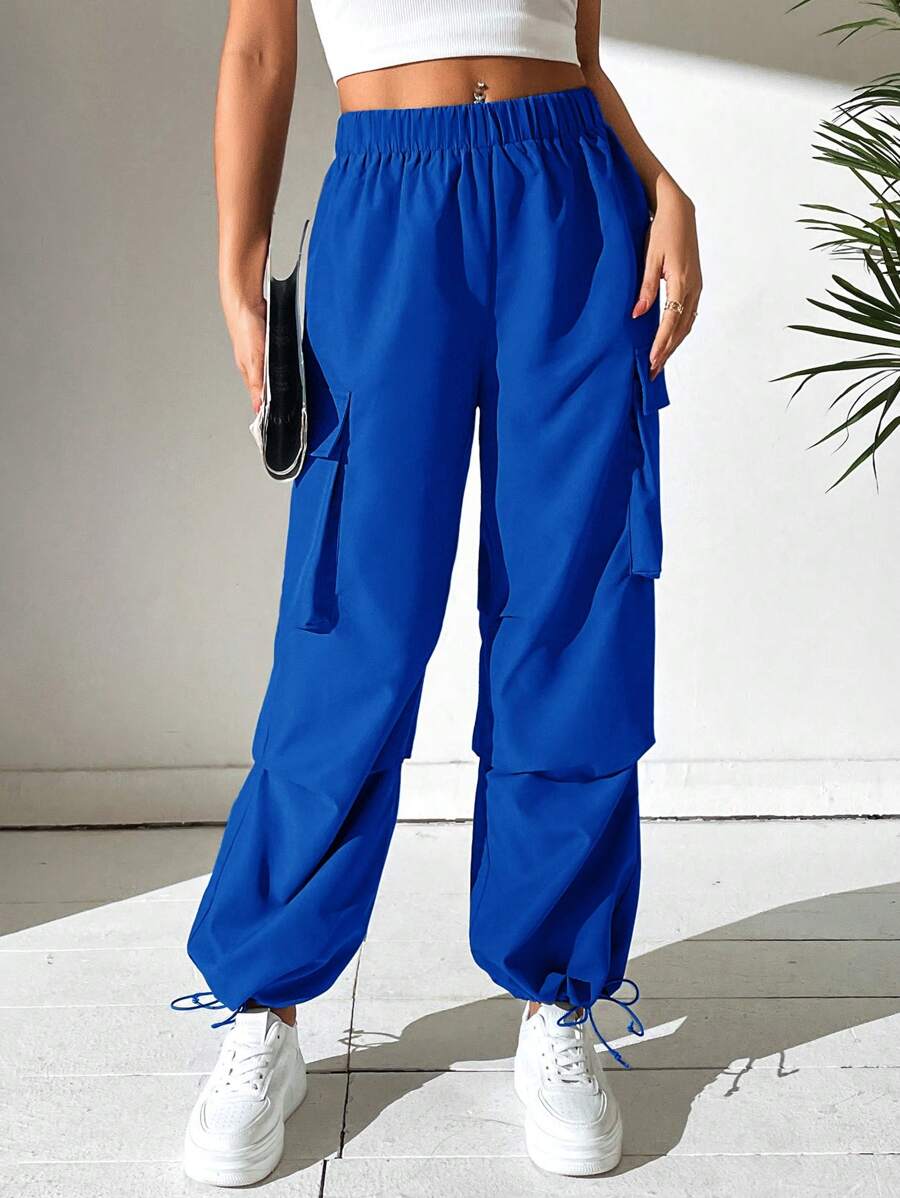 SHEIN PETITE Flap Pocket Side Drawstring Hem Cargo Pants - Royal Blue - View 1