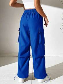 SHEIN PETITE Flap Pocket Side Drawstring Hem Cargo Pants - Royal Blue - View 2