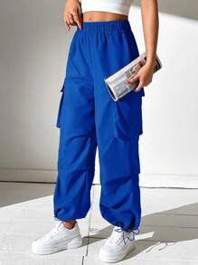 SHEIN PETITE Flap Pocket Side Drawstring Hem Cargo Pants - Royal Blue - View 3