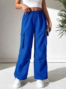 SHEIN PETITE Flap Pocket Side Drawstring Hem Cargo Pants - Royal Blue - View 5