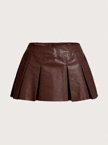 SHEIN ICON Women's Solid Color Pleated A-Line Skirt, Casual & Vacation - Coffee Brown - View 2
