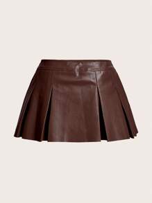 SHEIN ICON Women's Solid Color Pleated A-Line Skirt, Casual & Vacation - Coffee Brown - View 3
