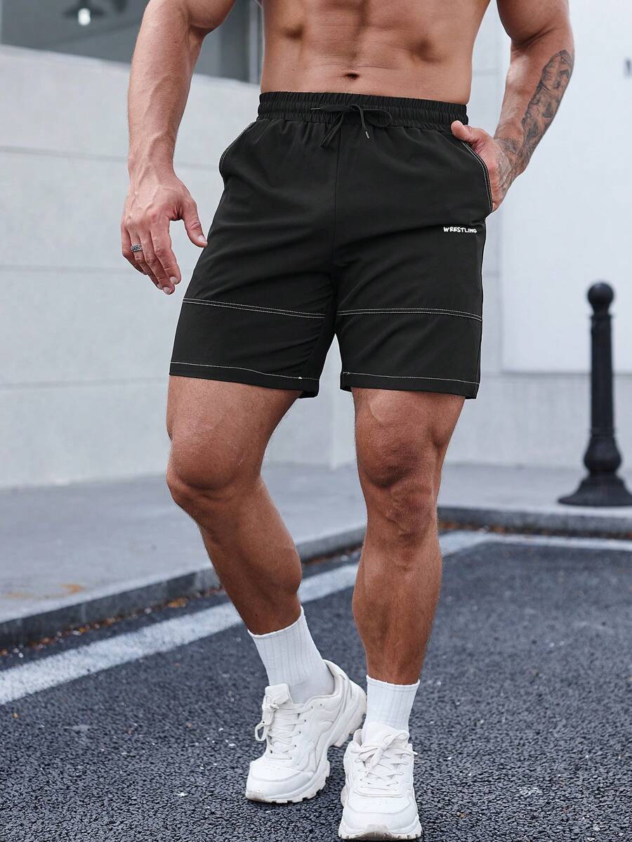 Manfinity Sport Corelite Men Letter Graphic Drawstring Waist Sports Shorts - Black - View 1