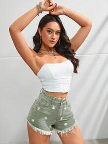 Thêu hoa Quần short denim với các đường viền thô rách - xanh quân đội - Xem 6