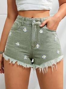 Thêu hoa Quần short denim với các đường viền thô rách - xanh quân đội - Xem 2